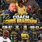 The Trey Scott Sports Show Episode 21 promotional graphic featuring Kinston girls basketball coach Chris Bradshaw and his coaching records.