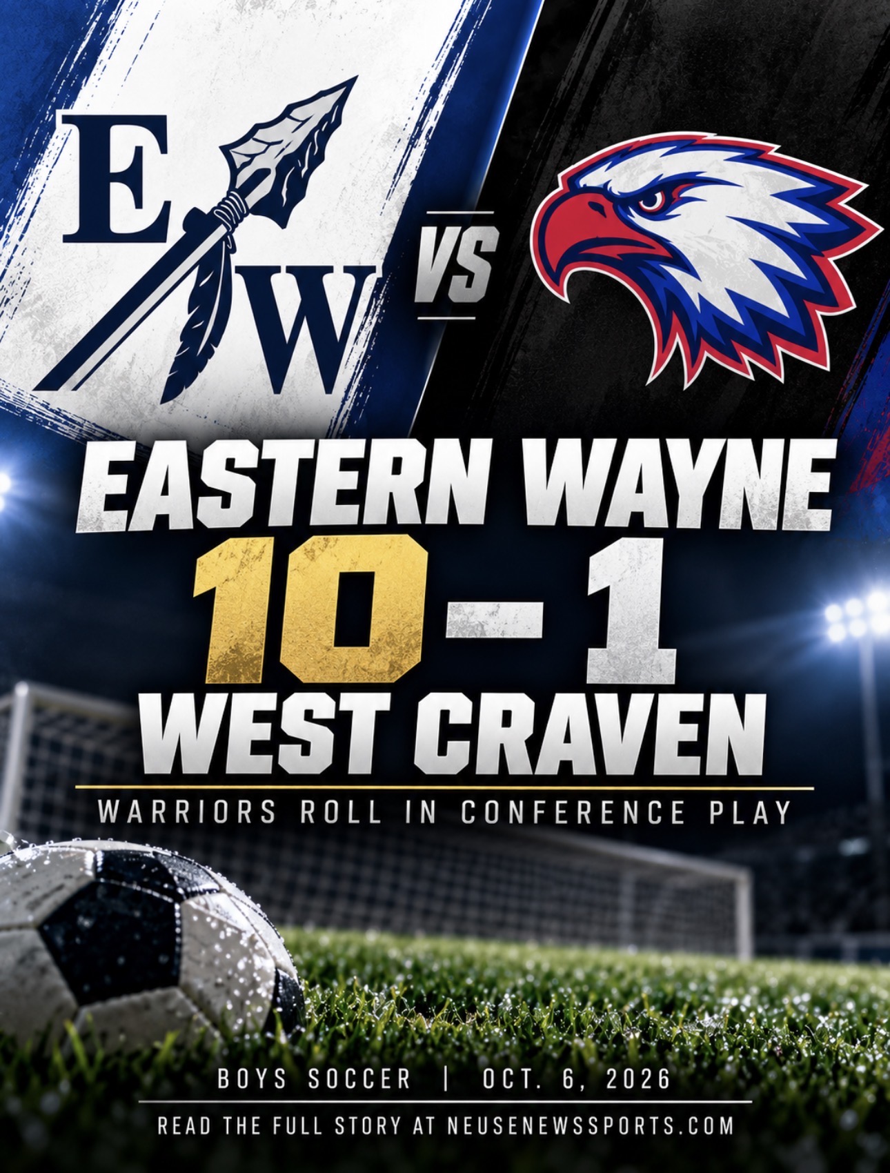 Eastern Wayne boys soccer 10-1 win over West Craven article graphic