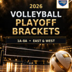 2026 NCHSAA volleyball playoff brackets for classifications 1A–8A, East and West, from Neuse News Sports.