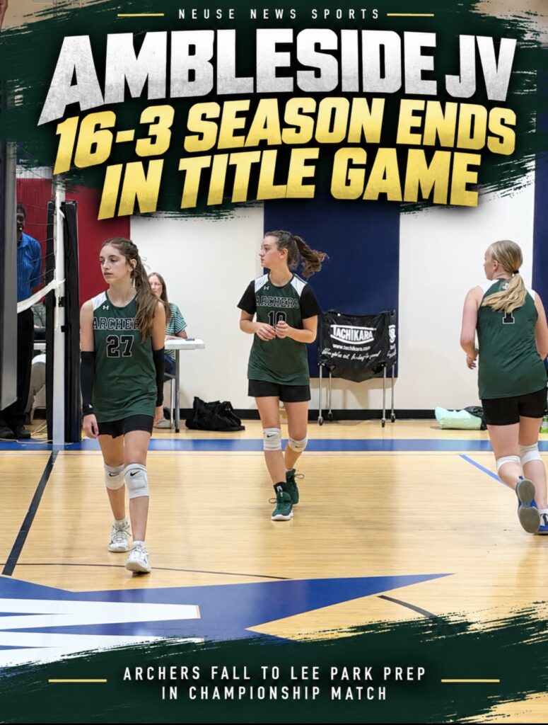 Ambleside Prep JV volleyball players during the 2026 championship match against Lee Park Prep, with 16–3 season ends in title game headline