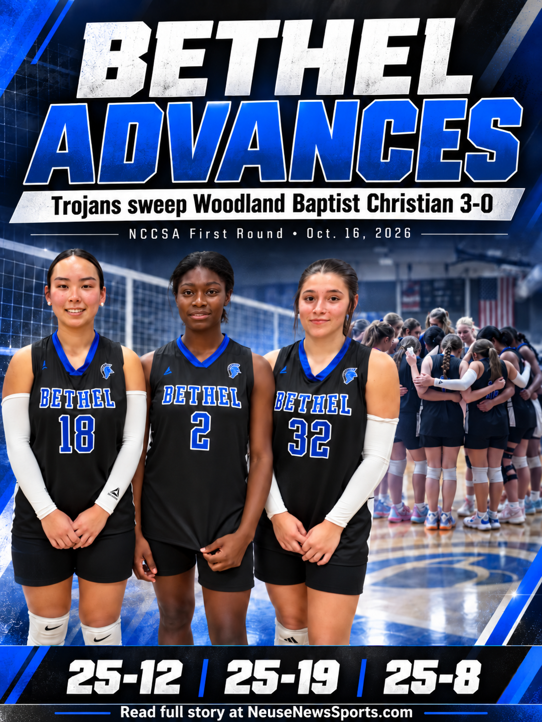 Bethel Christian Academy Trojans advance in NCCSA volleyball playoffs with 3-0 victory over Woodland Baptist Christian, sets 25-12, 25-19 and 25-8