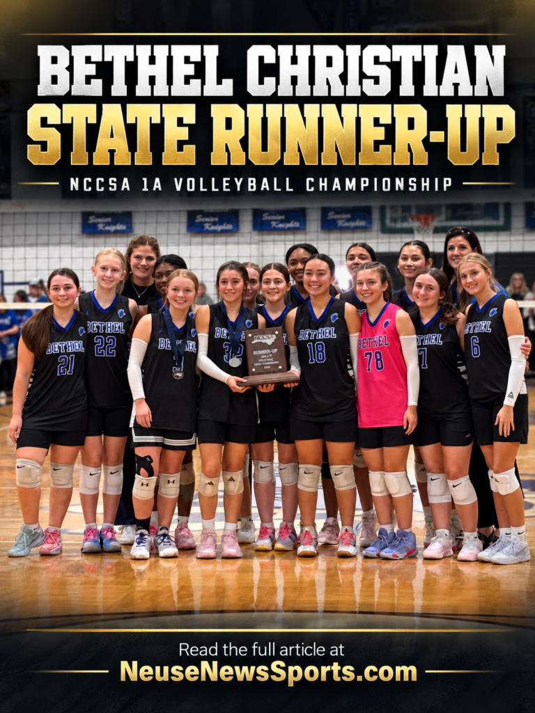 Bethel Christian Academy Trojans volleyball players with NCCSA 1A state runner-up trophy, October 24, 2026