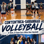Contentnea-Savannah and Rochelle volleyball match, with Contentnea-Savannah team huddle and headline marking wins by both teams
