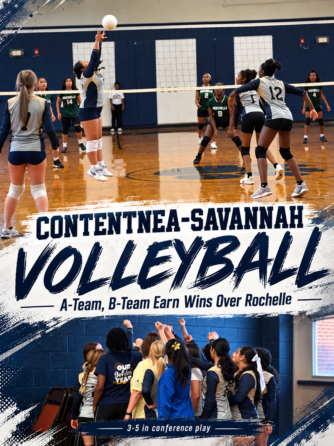 Contentnea-Savannah and Rochelle volleyball match, with Contentnea-Savannah team huddle and headline marking wins by both teams