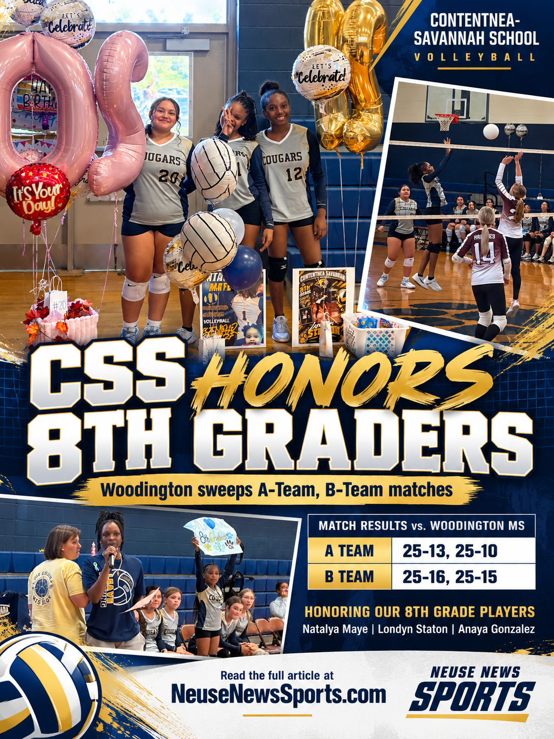 Contentnea-Savannah volleyball eighth graders Natalya Maye, Londyn Staton and Anaya Gonzalez recognized during Woodington match