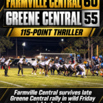 Neuse News Sports final score graphic: Farmville Central 60, Greene Central 55, in a 115-point football thriller October 23, 2026
