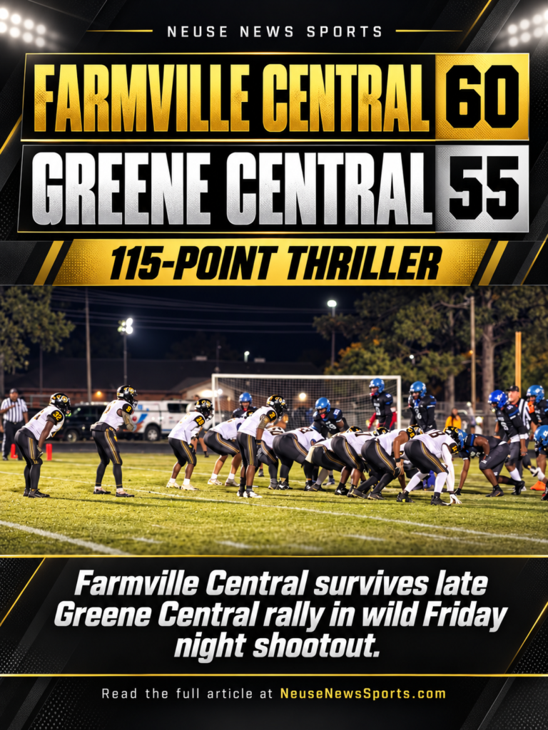 Neuse News Sports final score graphic: Farmville Central 60, Greene Central 55, in a 115-point football thriller October 23, 2026