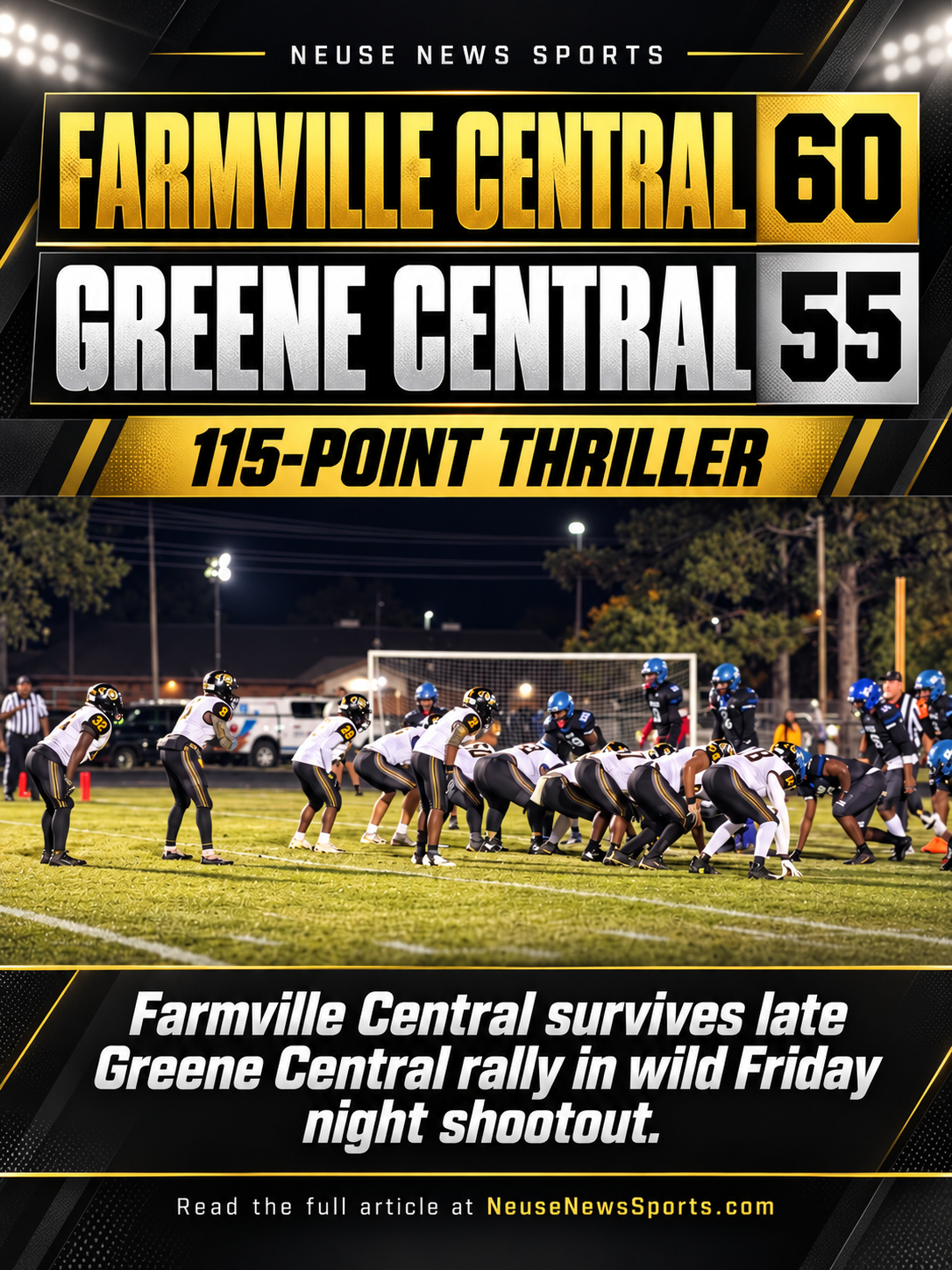 Neuse News Sports final score graphic: Farmville Central 60, Greene Central 55, in a 115-point football thriller October 23, 2026