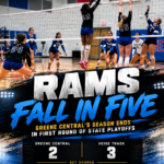 Greene Central volleyball players defending at the net against Heide Trask; Rams fall 3-2 in the 2026 NCHSAA 3A volleyball playoffs.