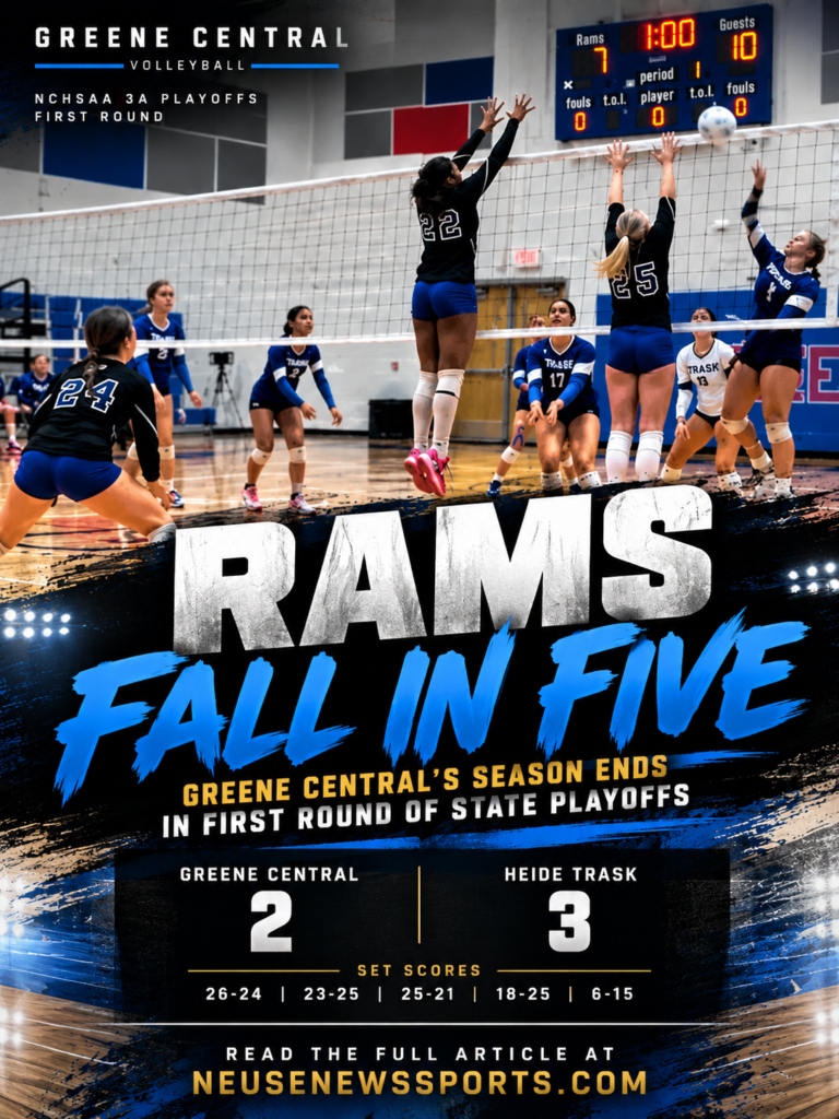 Greene Central volleyball players defending at the net against Heide Trask; Rams fall 3-2 in the 2026 NCHSAA 3A volleyball playoffs.