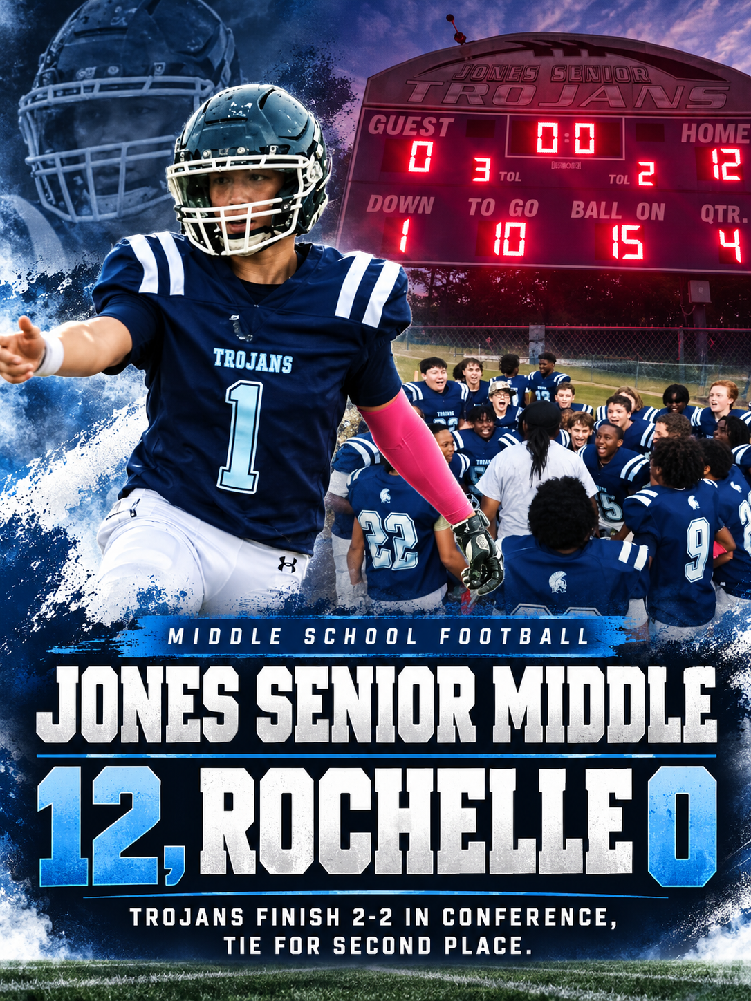 Jones Senior Middle football defeats Rochelle 12-0 to finish tied for second in conference