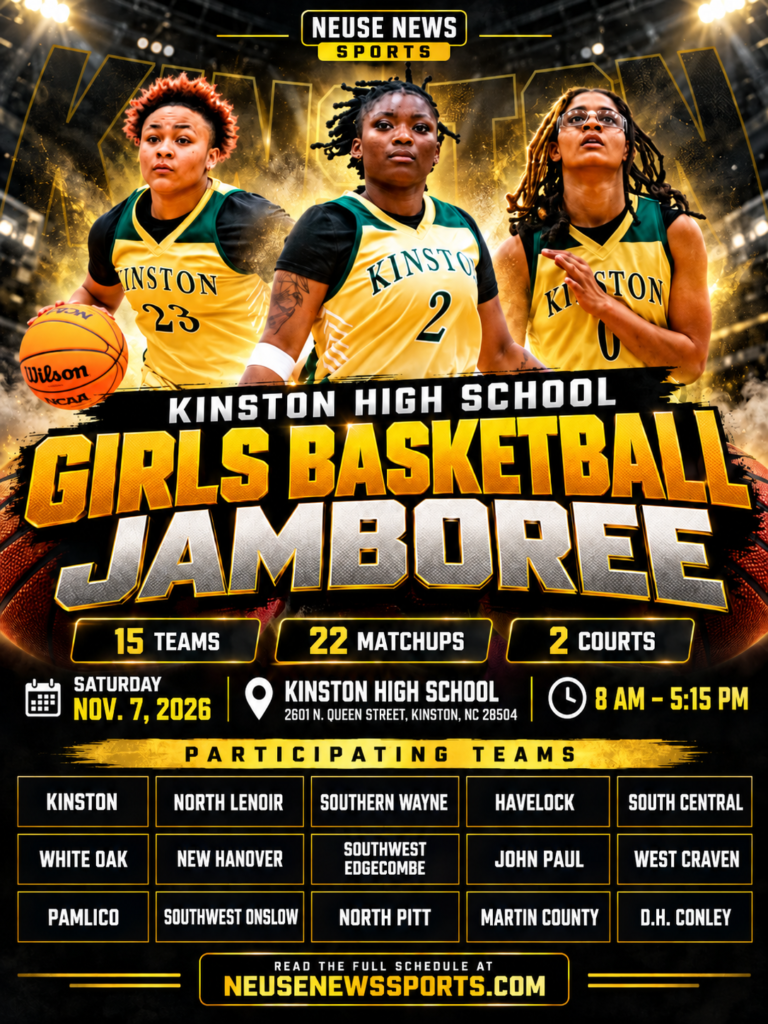 Kinston High School Girls Basketball Jamboree 2026 poster featuring Kinston players, Nov. 7 event details and 15 participating teams