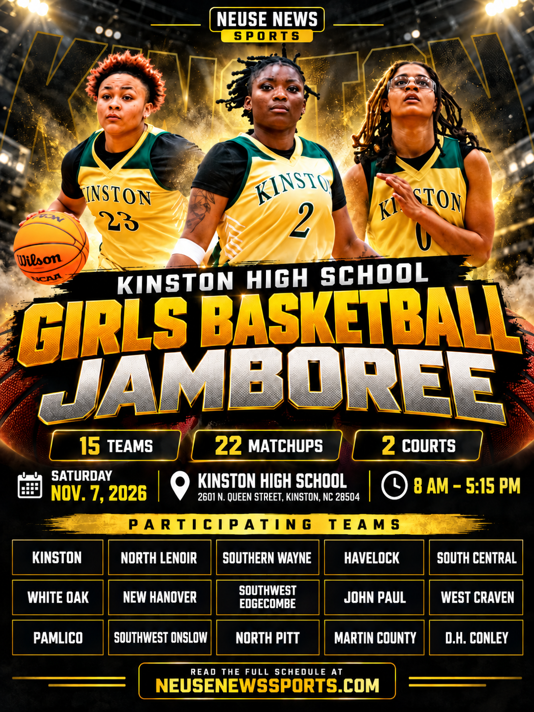 Kinston High School Girls Basketball Jamboree 2026 poster featuring Kinston players, Nov. 7 event details and 15 participating teams