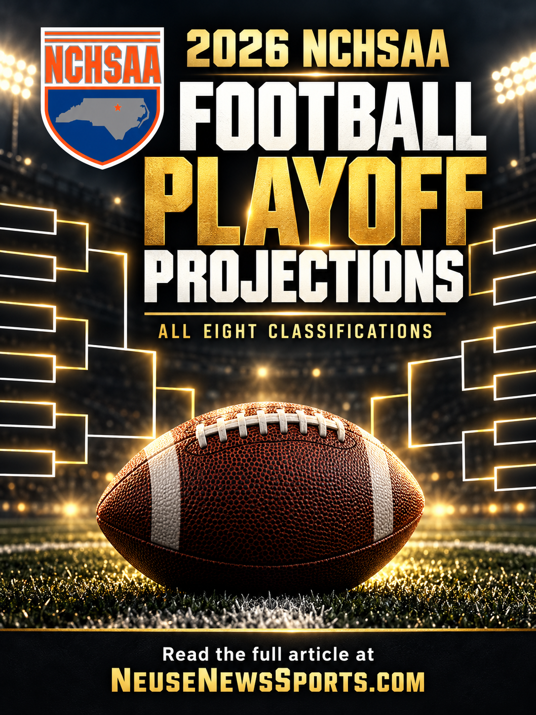 2026 NCHSAA football playoff projections cover with the NCHSAA logo, football and bracket theme.