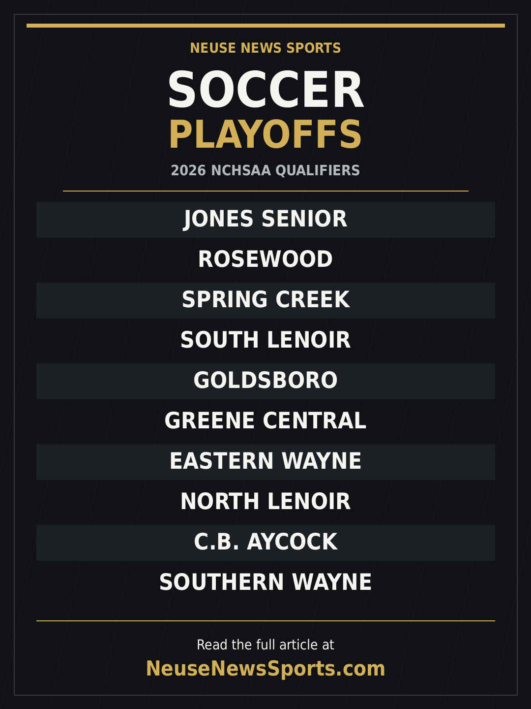2026 NCHSAA boys soccer playoff qualifiers from the Neuse News Sports area: Jones Senior, Rosewood, Spring Creek, South Lenoir, Goldsboro, Greene Central, Eastern Wayne, North Lenoir, C.B. Aycock and Southern Wayne.