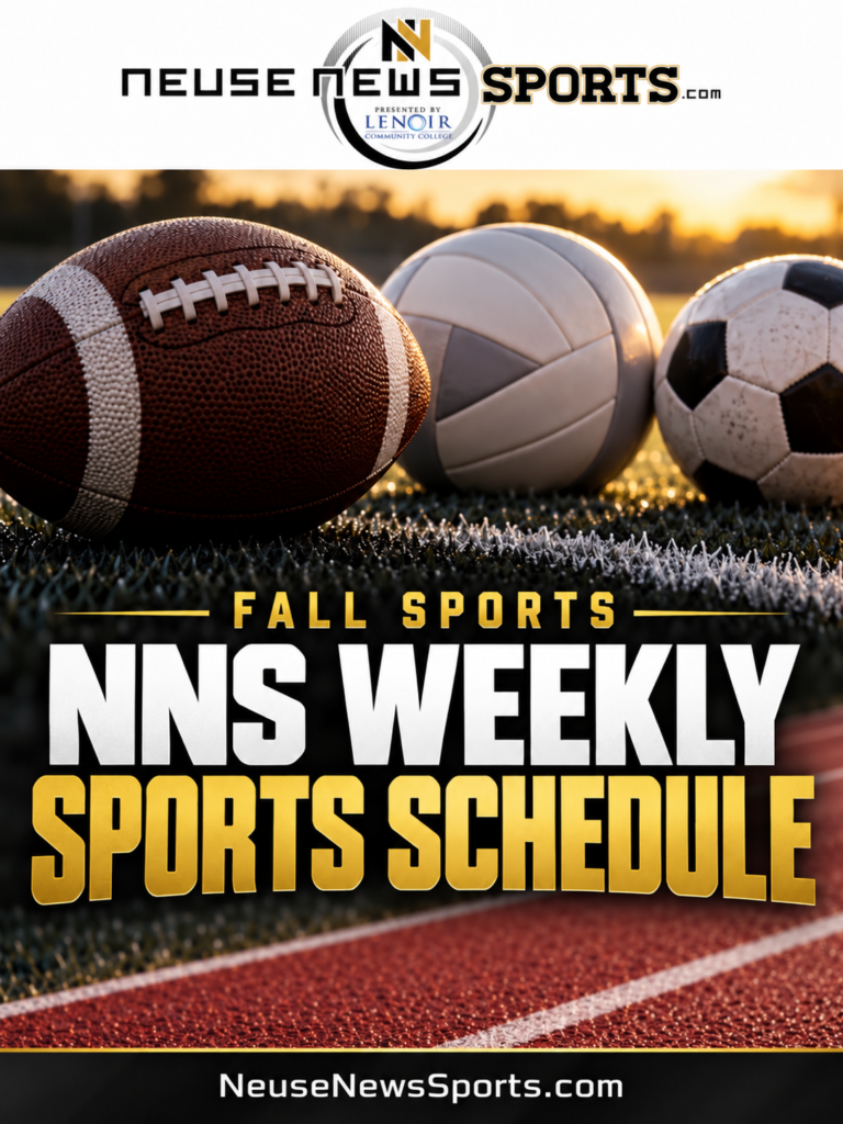 Neuse News Sports weekly fall sports schedule with football, volleyball, soccer, tennis, golf and cross-country equipment.