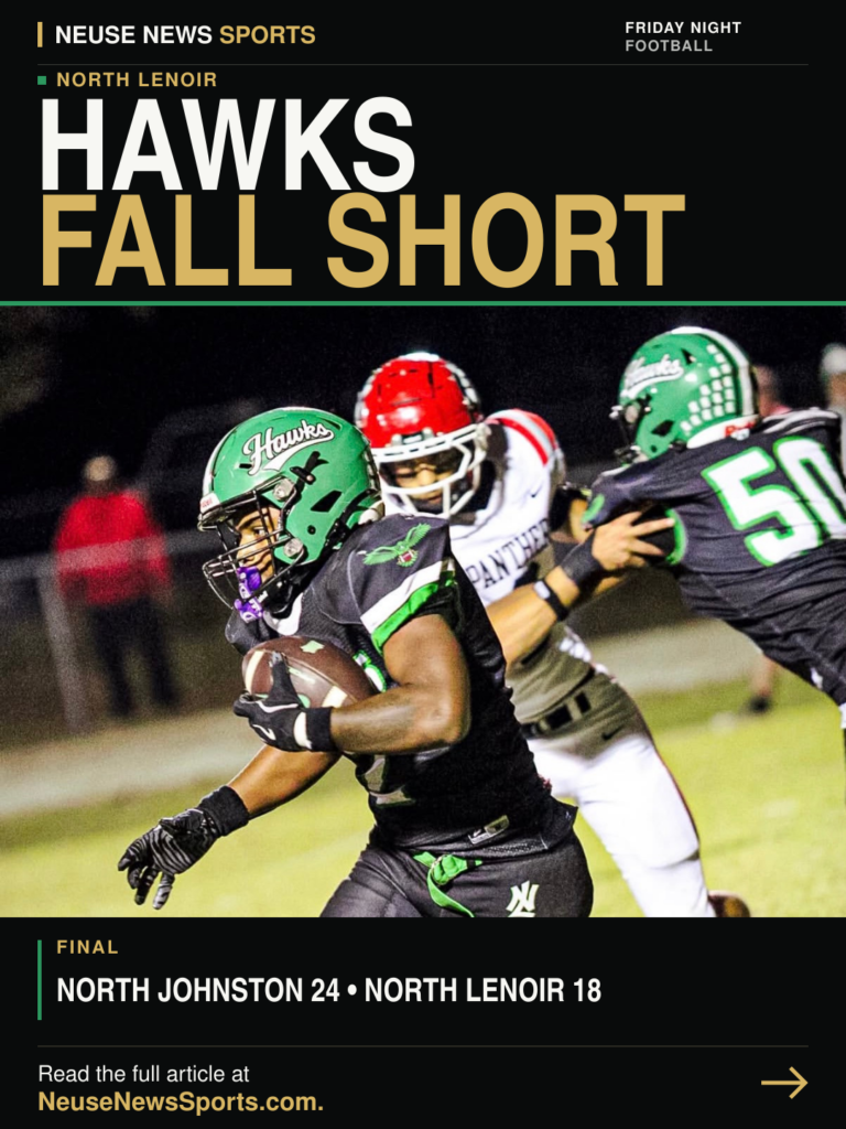 North Lenoir Hawks football title graphic reading “Hawks Fall Short.”