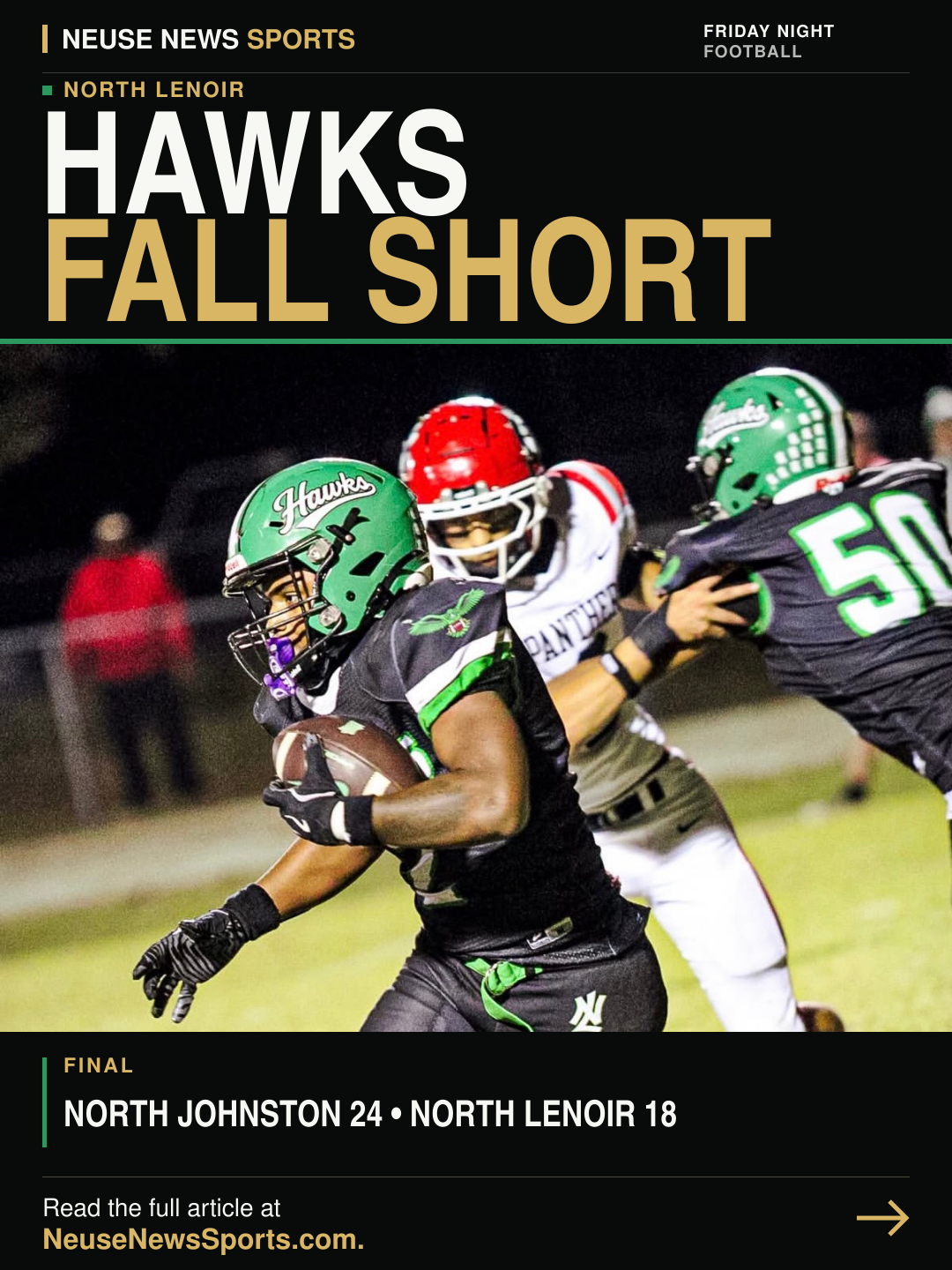 North Lenoir Hawks football title graphic reading “Hawks Fall Short.”