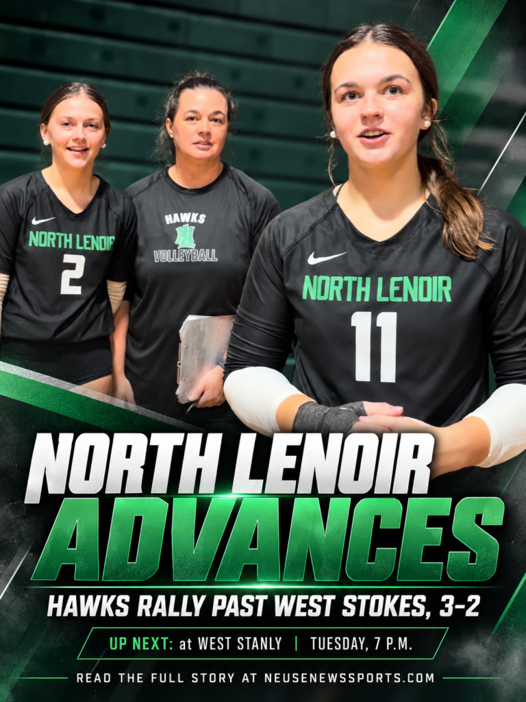 North Lenoir volleyball players Camryn Jenkins and Kenzie Carson with coach Heather Carson, graphic celebrating their five-set playoff victory over West Stokes and upcoming match at West Stanly.