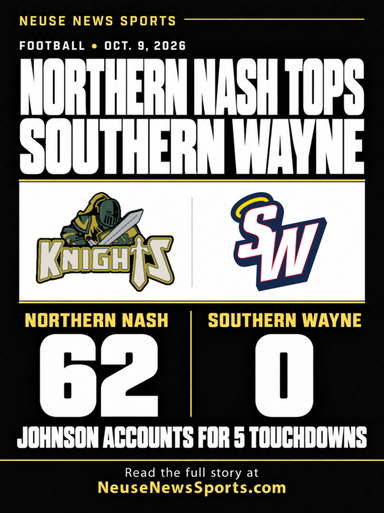 Northern Nash and Southern Wayne school logos with the October 9, 2026 final score, Northern Nash 62, Southern Wayne 0, and the headline Johnson accounts for five touchdowns.
