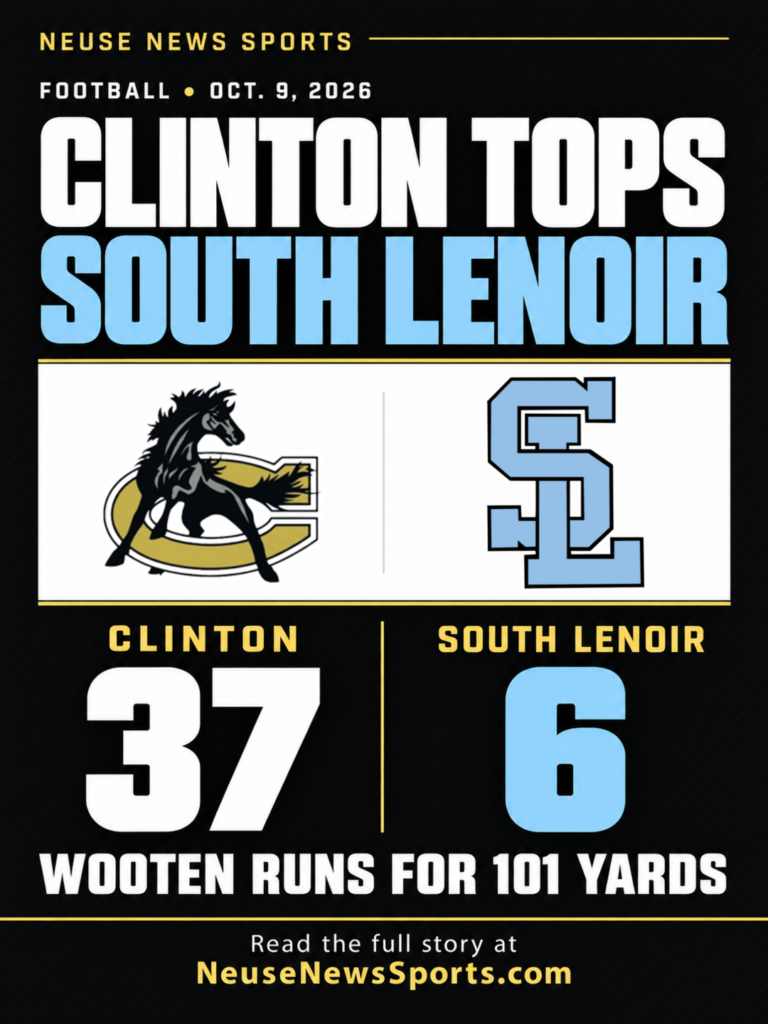 Clinton and South Lenoir school logos with the October 9, 2026 final score, Clinton 37, South Lenoir 6, and Christian Wooten's 101 rushing yards.