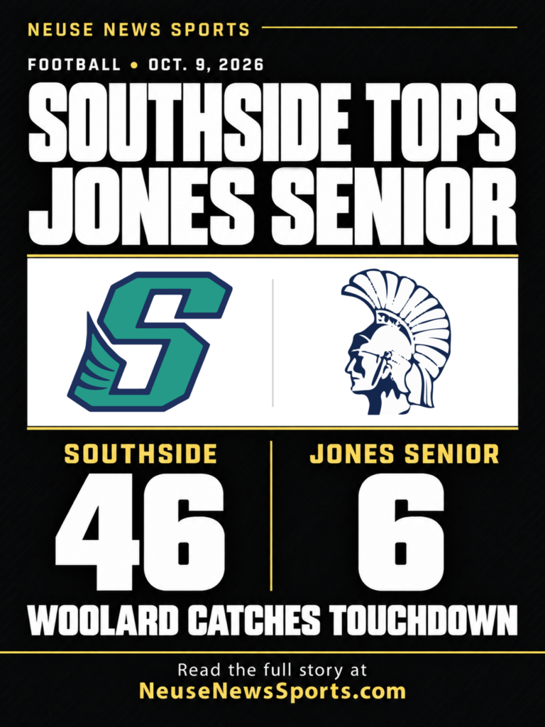 Southside and Jones Senior school logos with the October 9, 2026 final score, Southside 46, Jones Senior 6, and the headline Woolard catches touchdown.