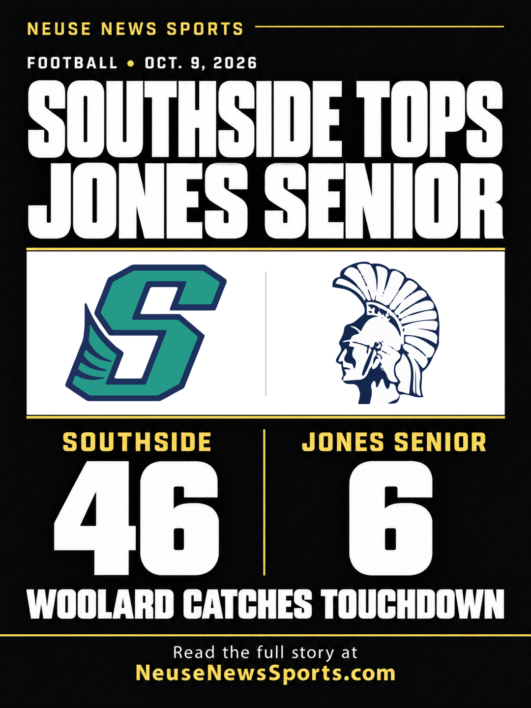 Southside and Jones Senior school logos with the October 9, 2026 final score, Southside 46, Jones Senior 6, and the headline Woolard catches touchdown.
