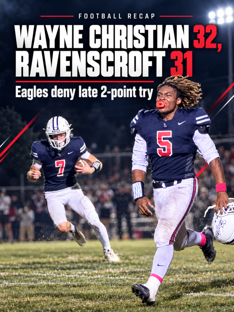 Wayne Christian defeats Ravenscroft 32-31 after stopping the final two-point conversion, football recap graphic with Eagles players No. 5 and No. 7